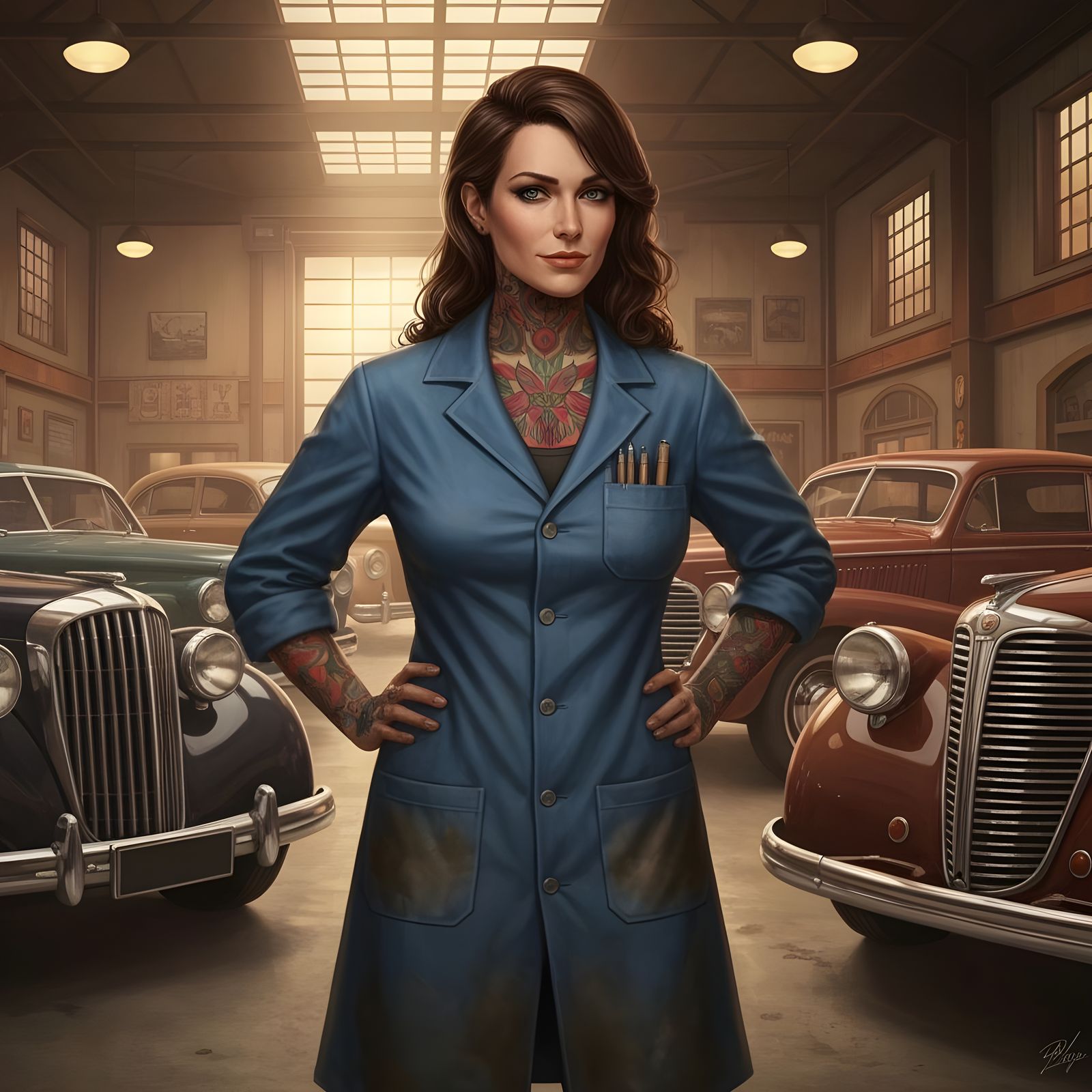 Art Deco Mechanic in Garage with Vintage Cars