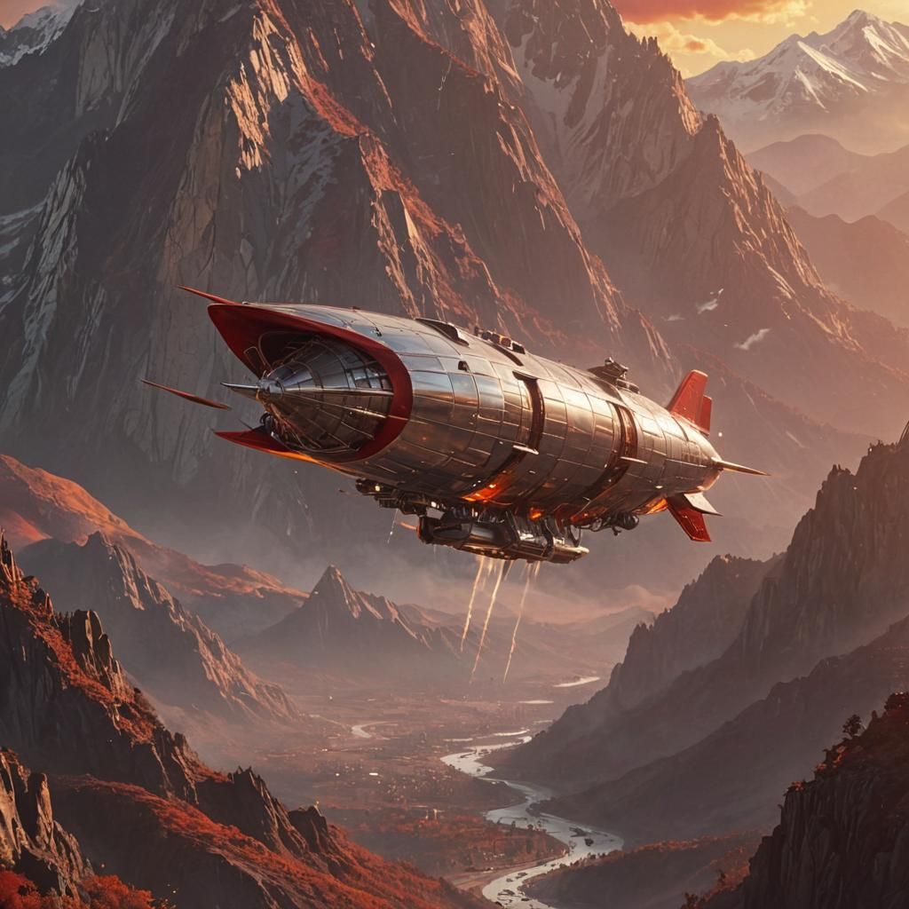 Airship Soaring Over Mountains in Retro-Futuristic Style