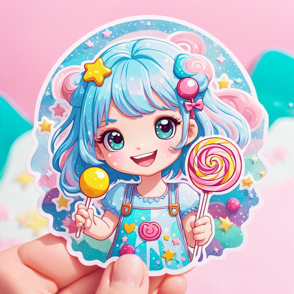 Kawaii Sticker Art of Smiling Girl with Lollipop