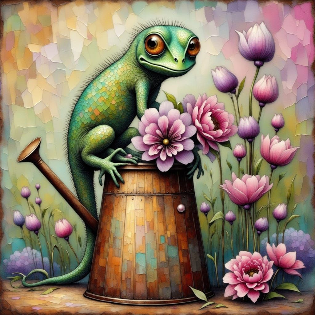 whimsical mixed media illustration: a quirky eyed green iguana sitting on top of a vintage rusty metal watering can fill...