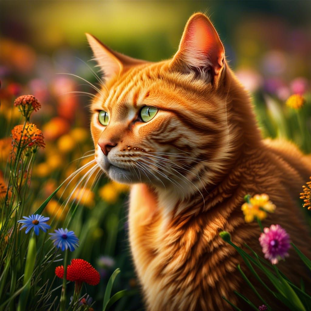 Ginger Cat in Flowery Meadow