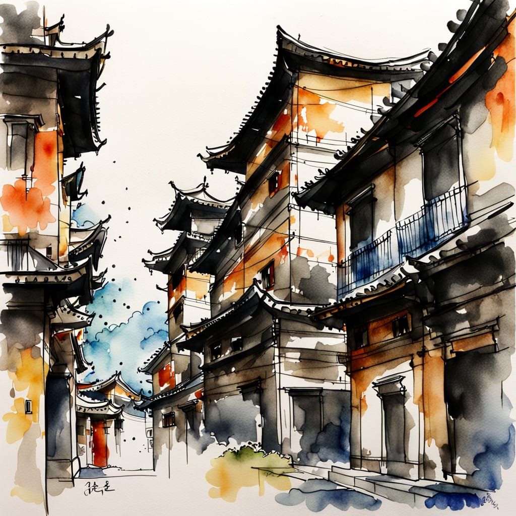 Urban Oriental Scene in Ink and Watercolor