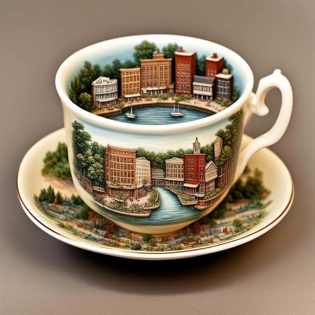 Miniature Cityscape in Vintage Teacup
