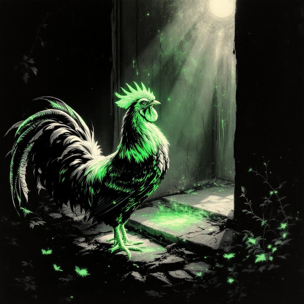 Dramatic Rooster Emerges from Phosphorescent Temple