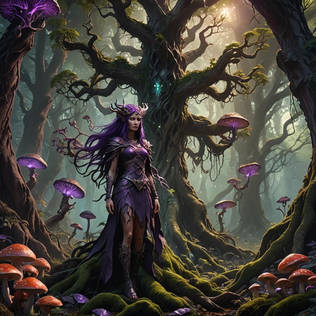 Mystical Demon Girl in Ancient Forest: Fantasy Art