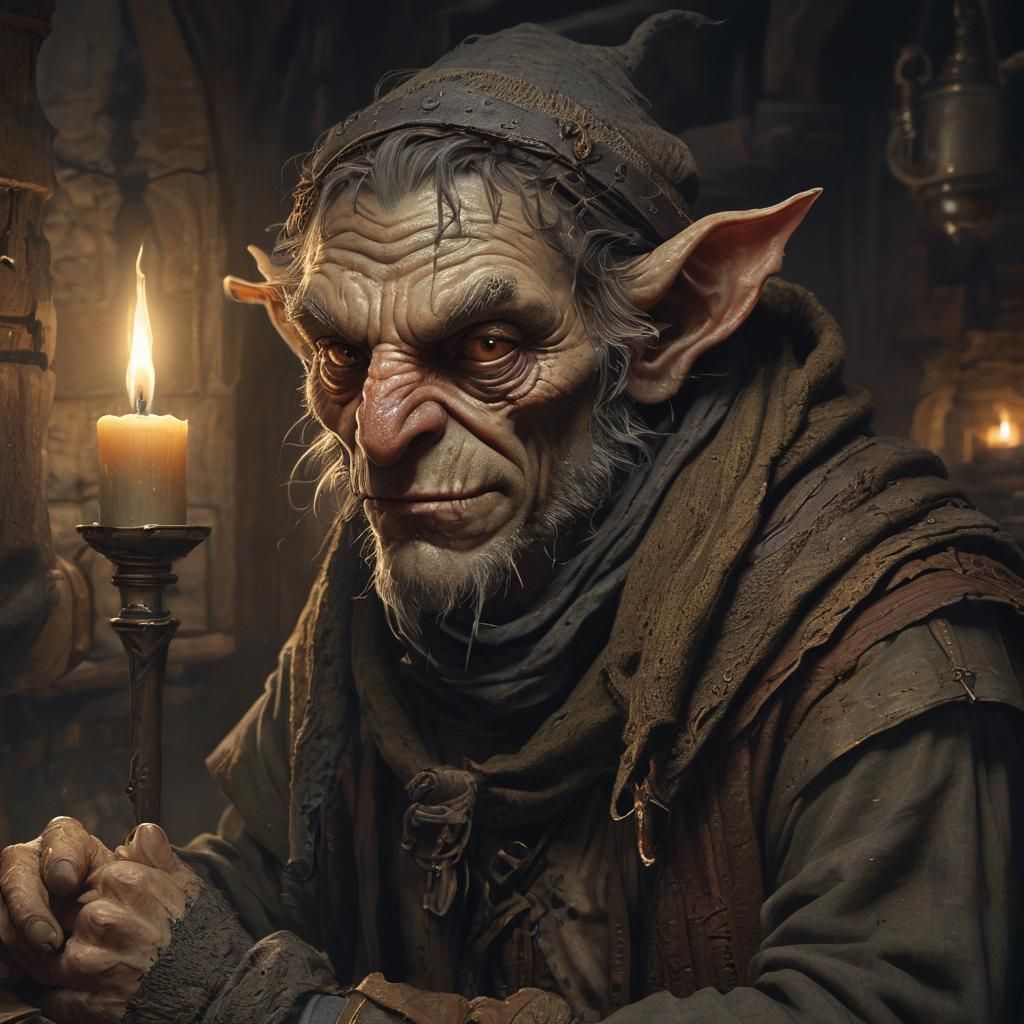 Goblin Thief in Dimly Lit Tavern, Doré-Inspired