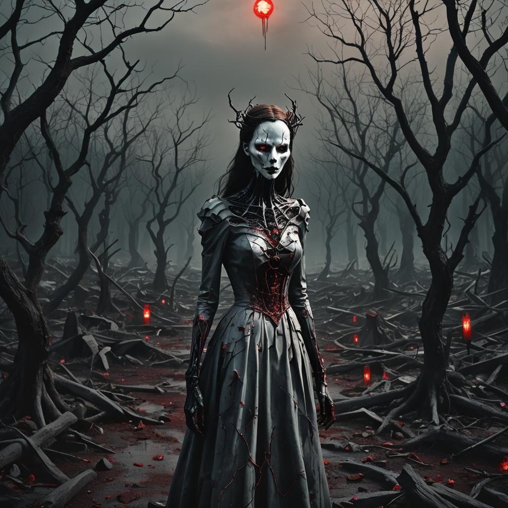 Eerie Porcelain Demon in Sinister Landscape