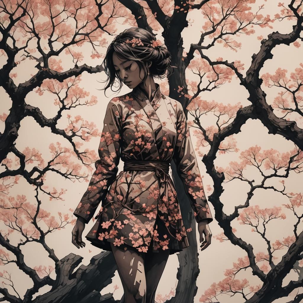 Sakura Silhouette: Double Exposure Ink Drawing