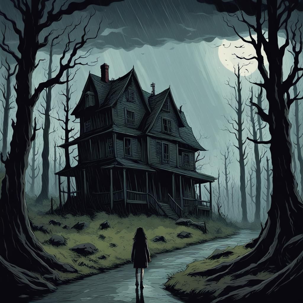Scary Forest with Haunted House in Vector Comic Style