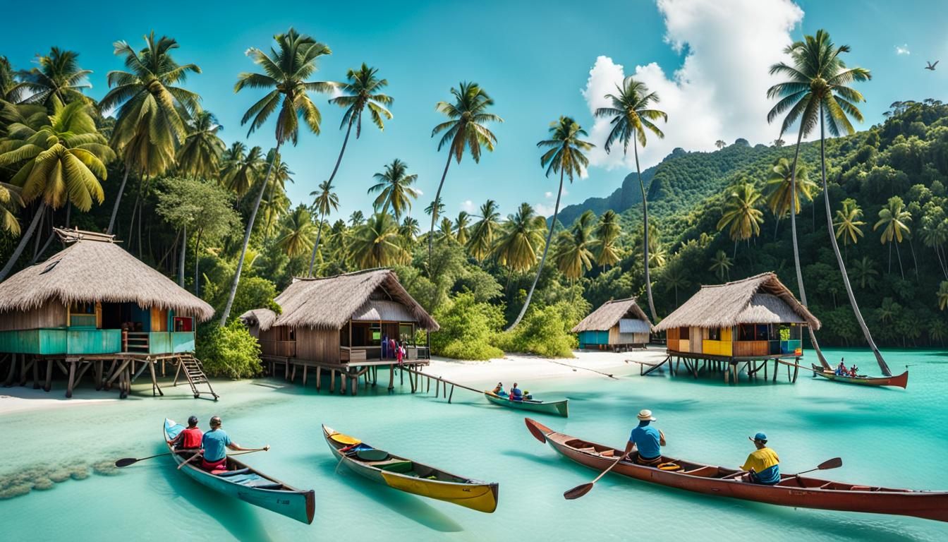 Tropical Village on Lagoon in Cinematic Style