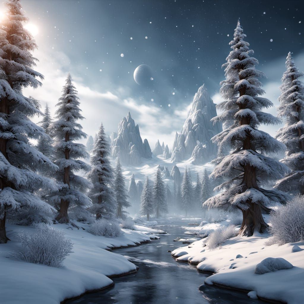 Whimsical Fantasy Pine Trees in a Snowy Wonderland