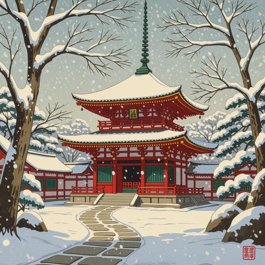 Snow-Covered Kyoto Temple in Japanese Woodblock Style