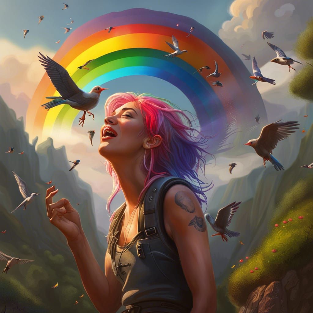 Woman Singing with Birds: Detailed Matte Oil Painting