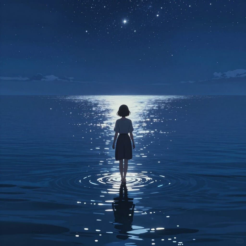 Woman Walks on Mirrored Ocean Under Starry Night Sky