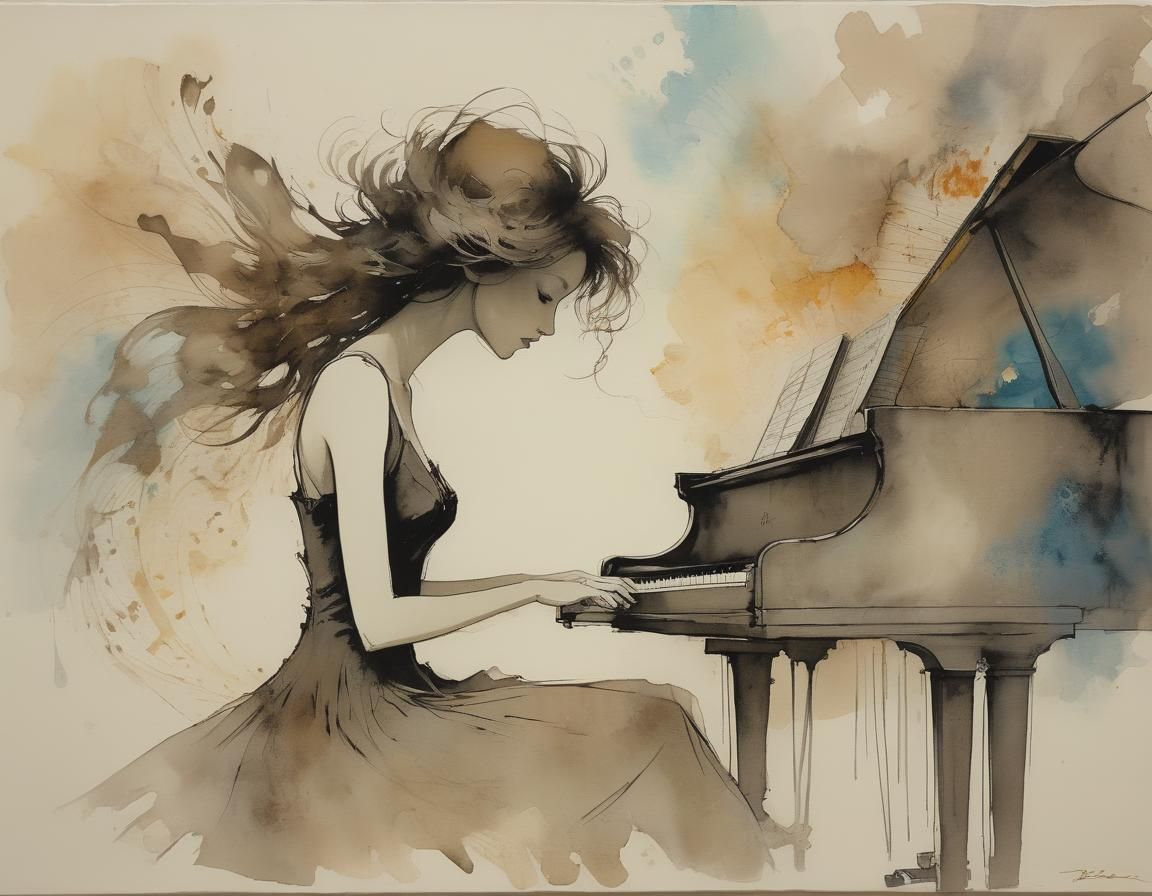 Silhouette of Woman Playing Piano in Ink Art Style