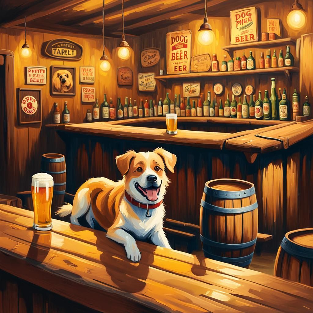 Dog Enjoying Beer at Pub in Impasto Oil Painting