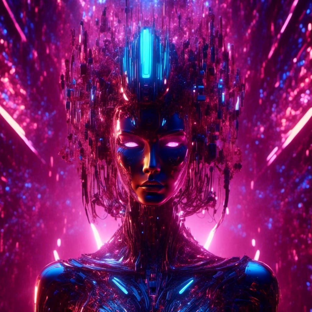 Colossal robot in a surreal metallic display,