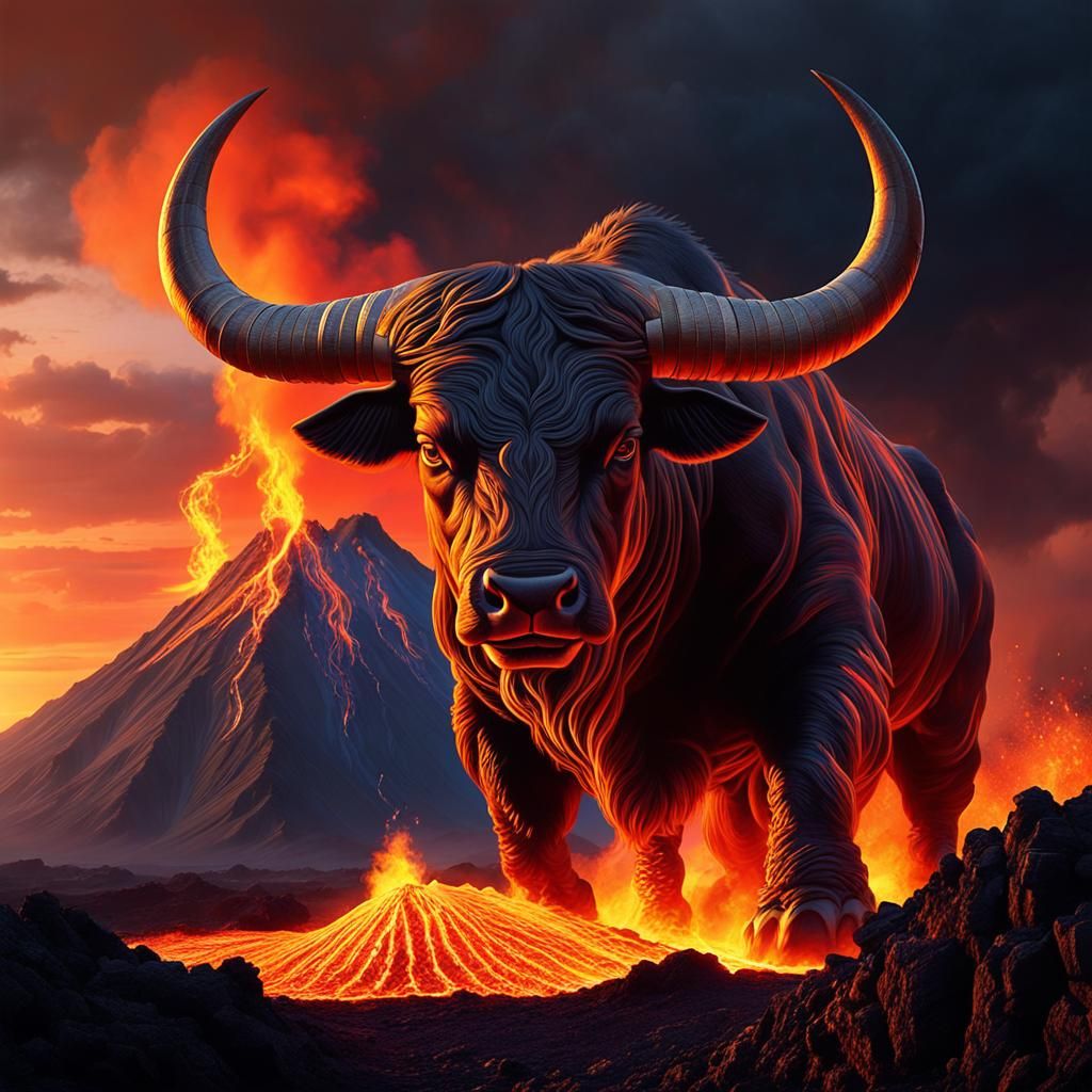 Lava Bull God on Volcano: Fantasy Art