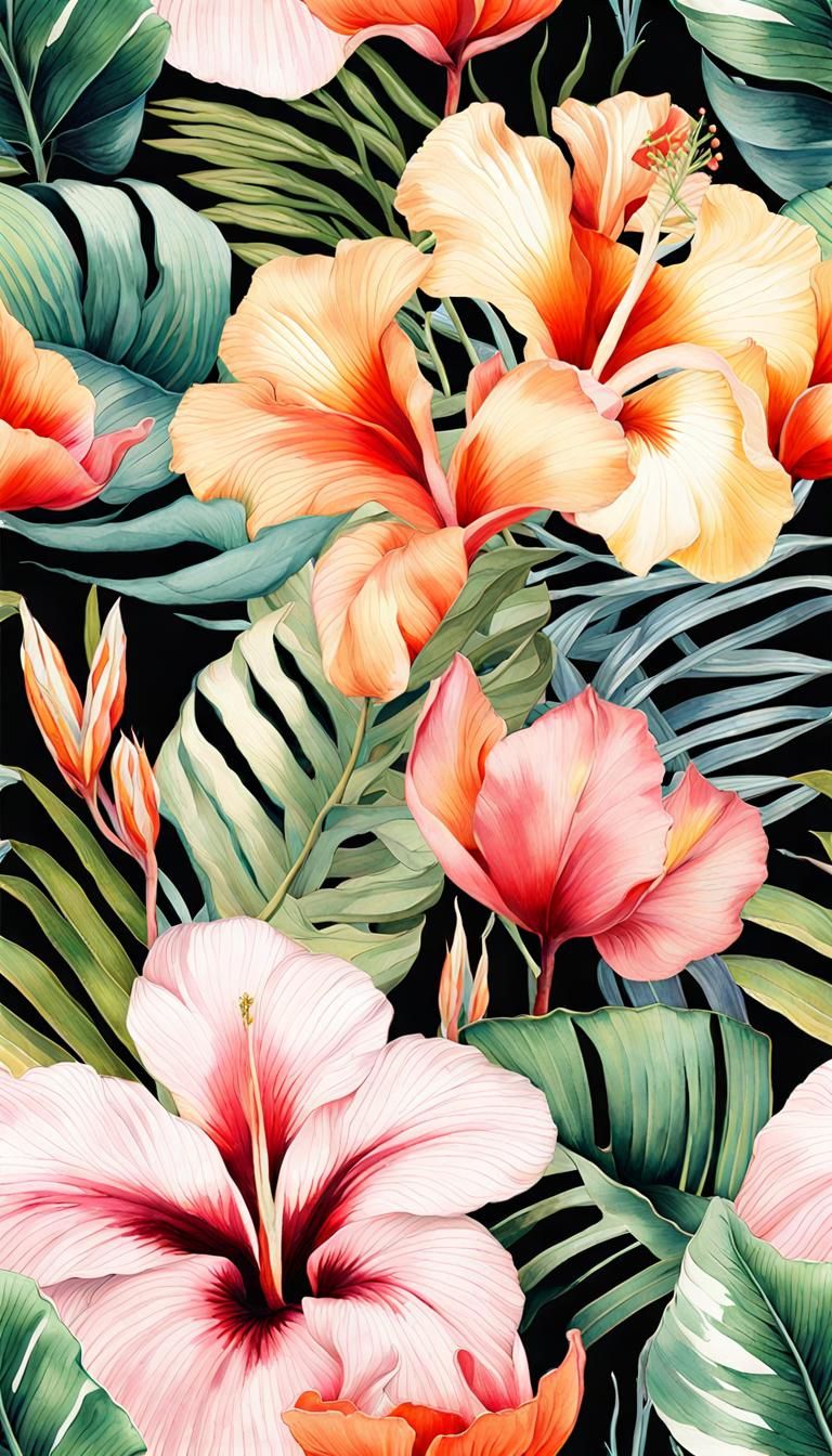 Tropical Flower Pattern in Watercolor Art Deco Style
