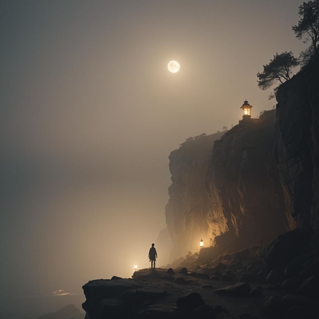 Mystical Figure on Moonlit Cliff in Cinematic Style