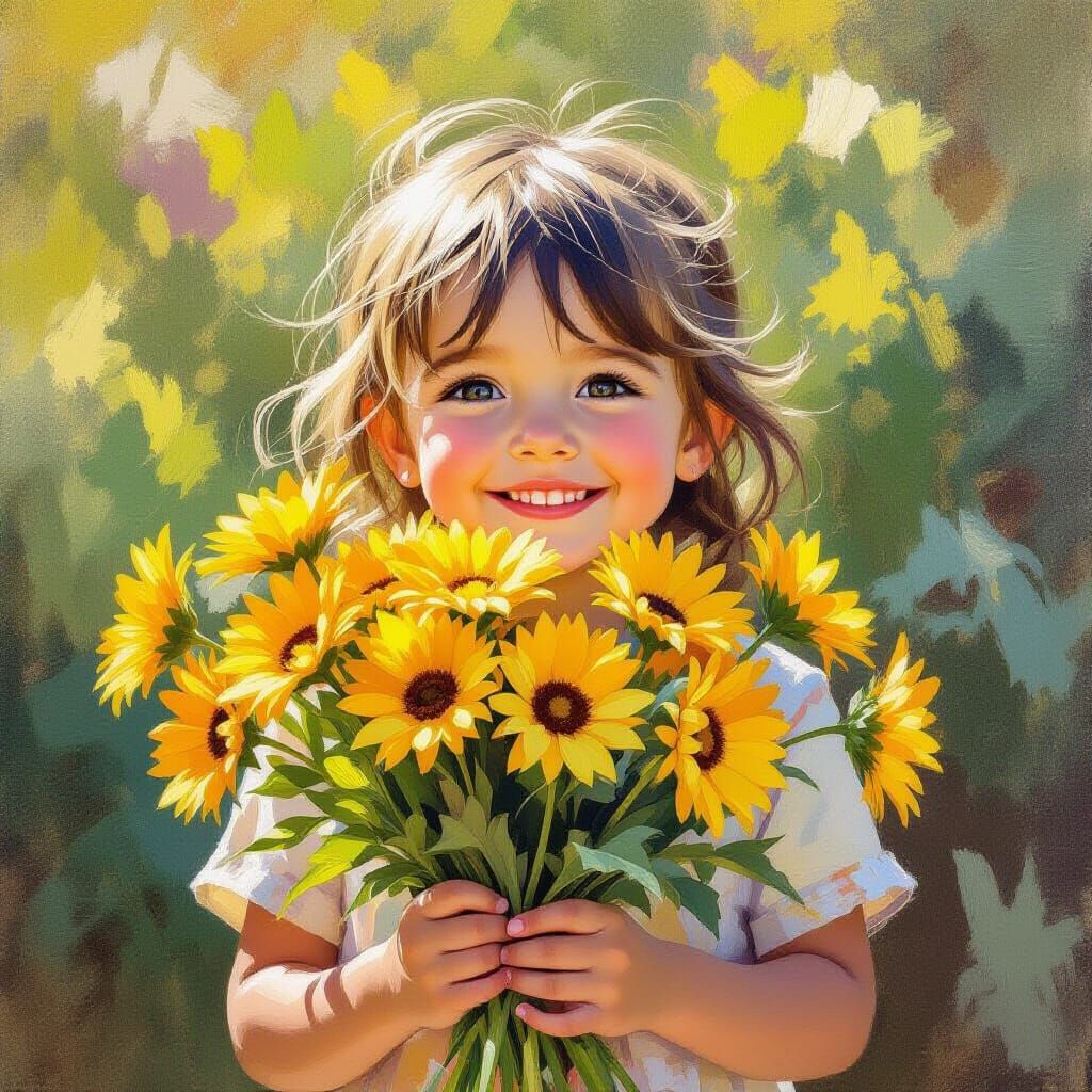 Joyful Child Holds 20 Yellow Flowers in Impressionist Style