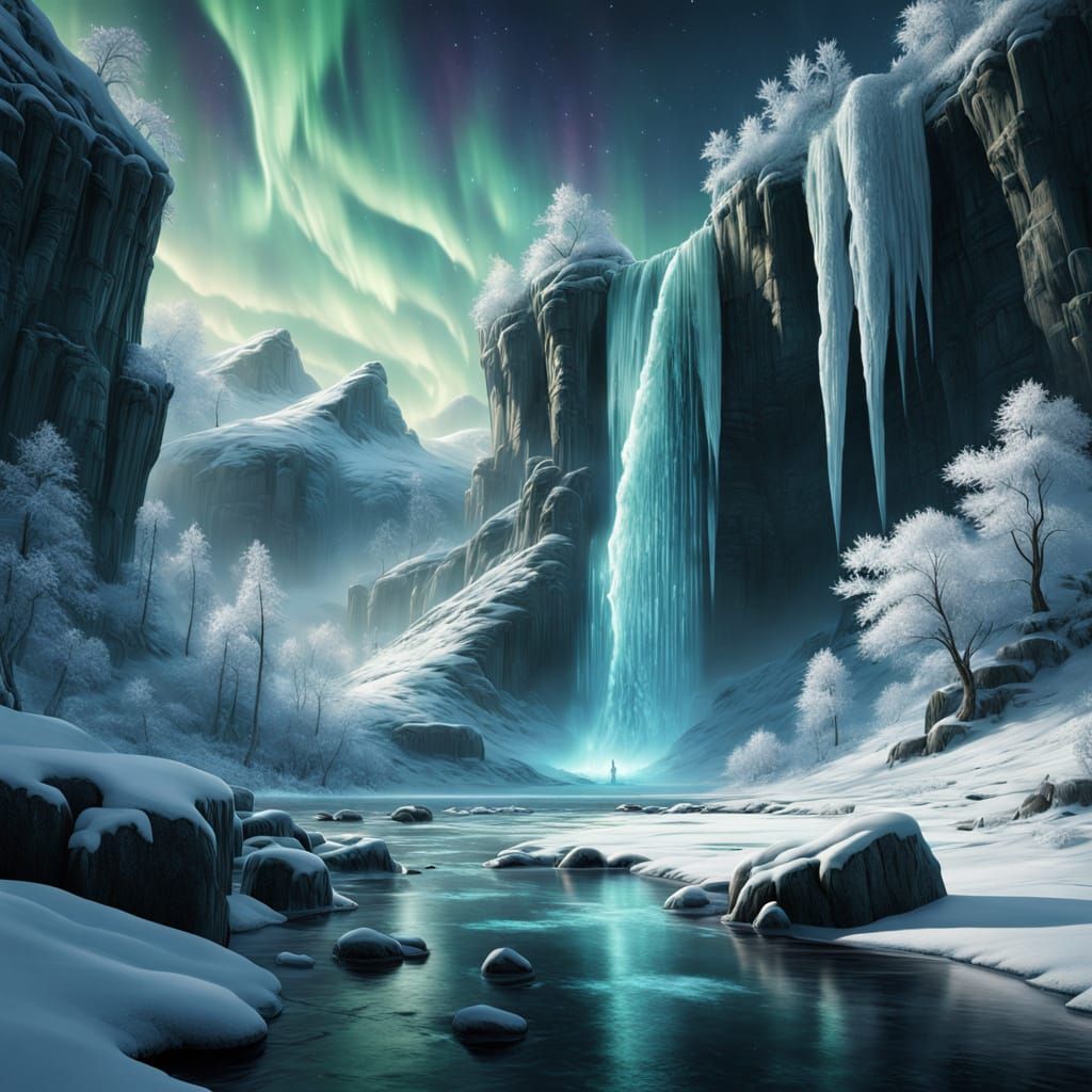 Ethereal Frost Guardian Emerges from Aurora-Lit Waterfall