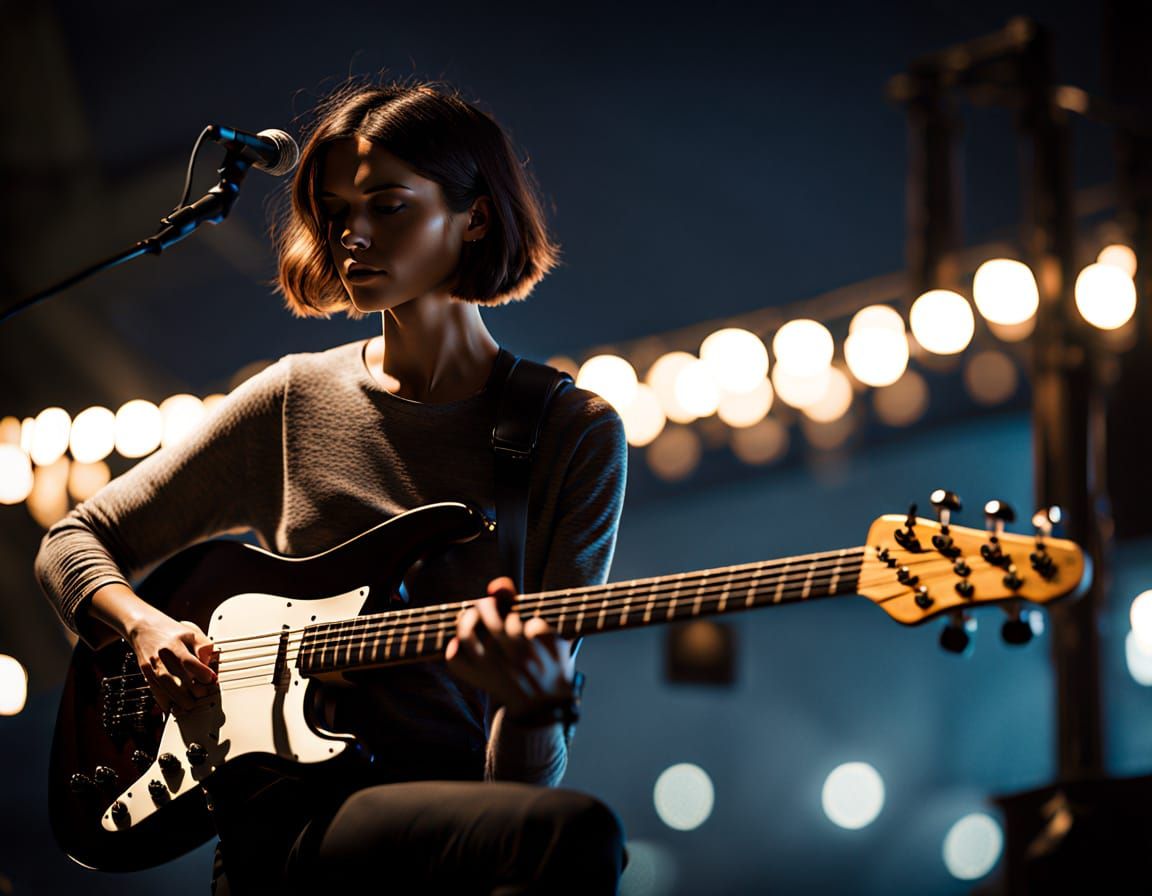 Moody Portrait of Meg Myers Playing Bass Guitar in Dimly Lit...