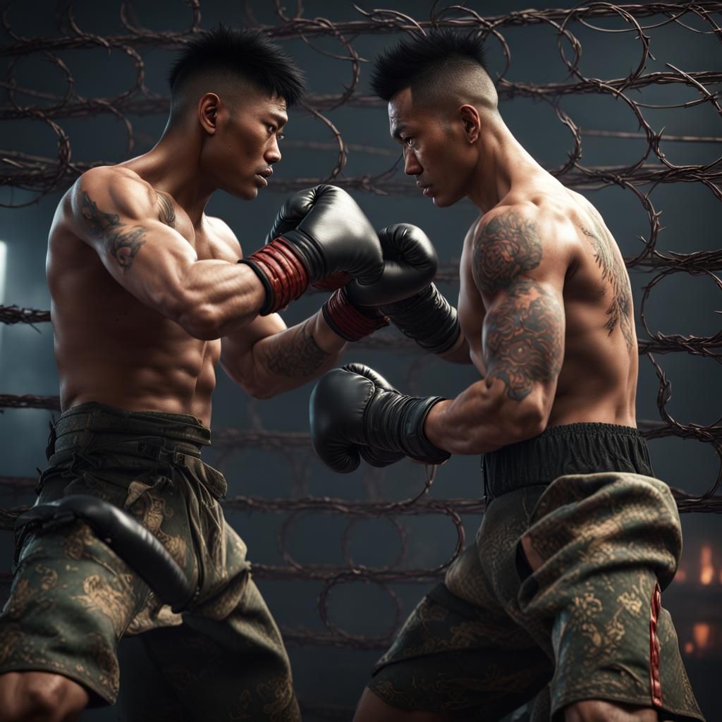 Asian Soldiers Boxing in Barbed Wire Cage