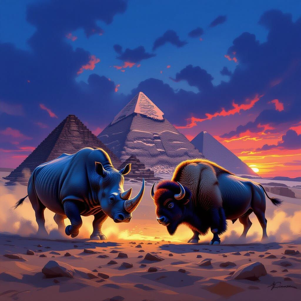 Rhino Battles Bison Before Pyramids at Twilight