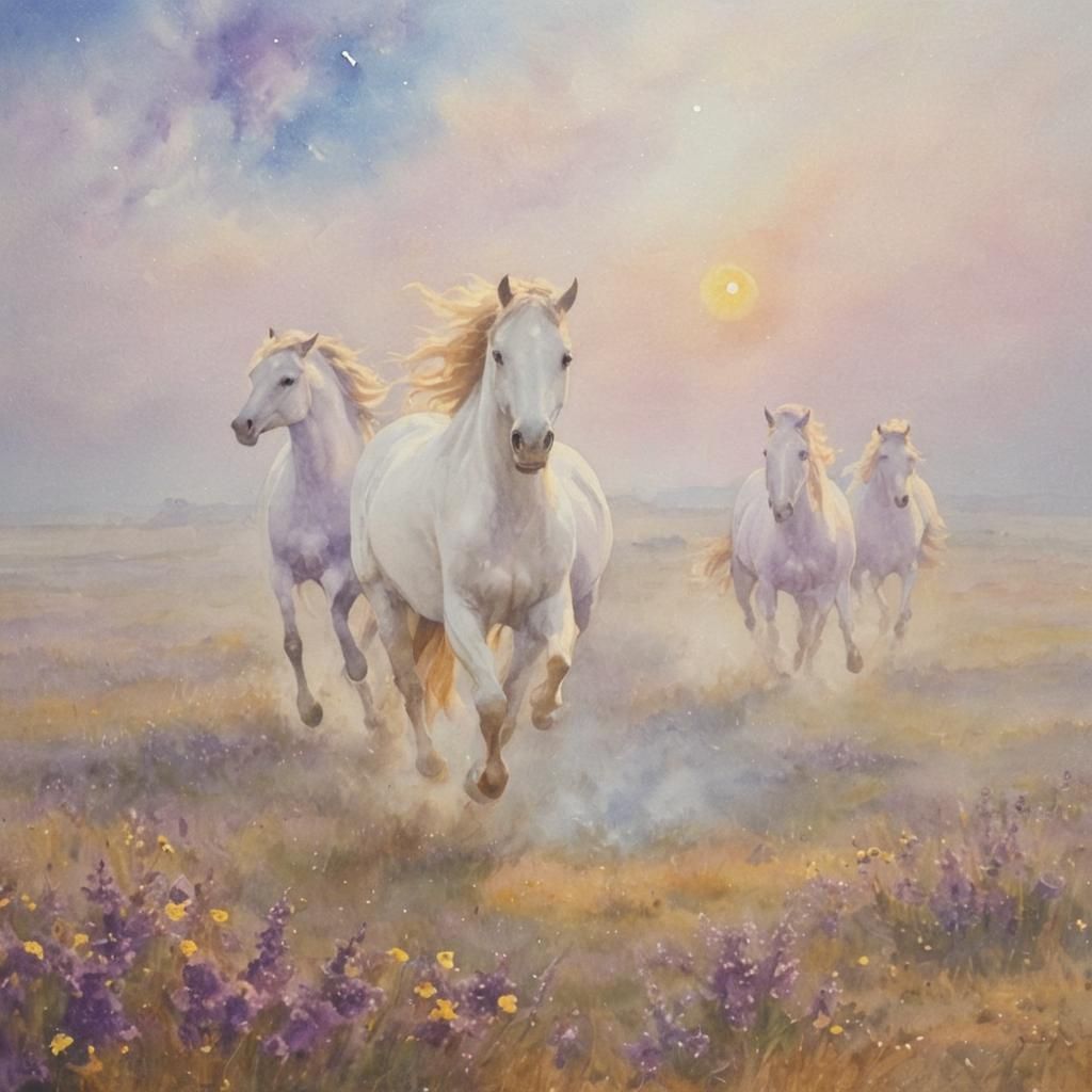 Horses Running into Sunlight at Night