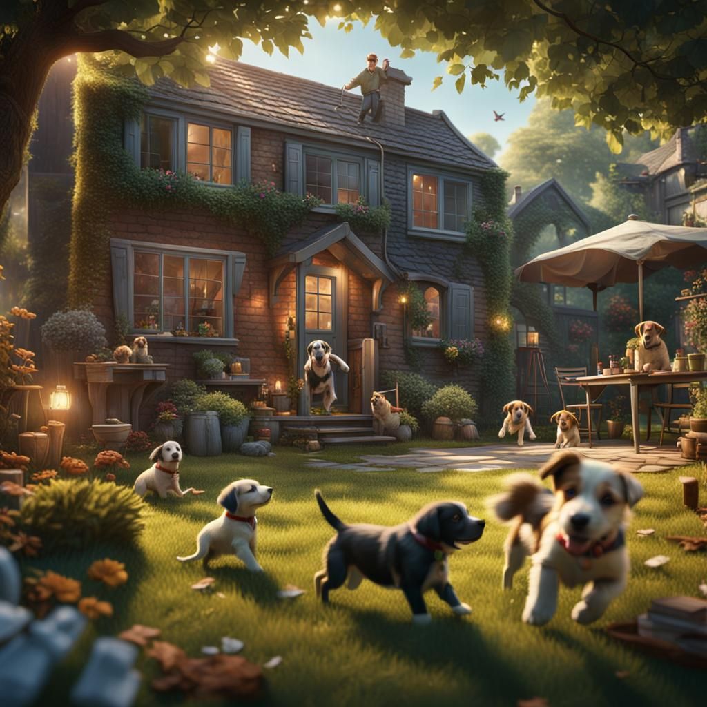 Puppy Family Playtime: Detailed Matte Painting