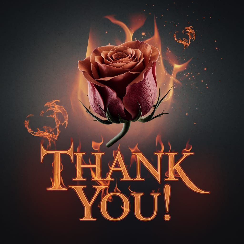 A large, fiery rose bud float egracefully in mid-air, its petals completely engulfed in elegant, dancing flames that swi...