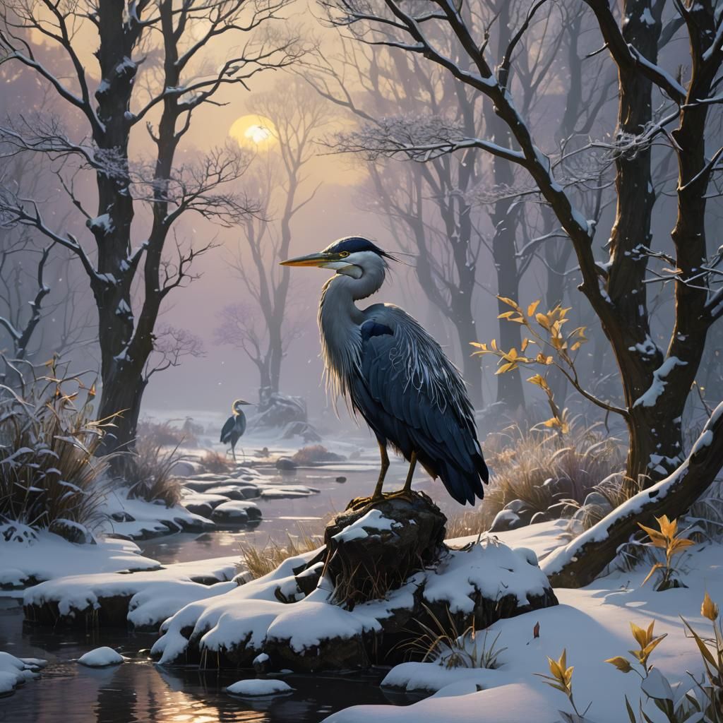 Herons in Winter Snow: A Dark Fantasy Masterpiece