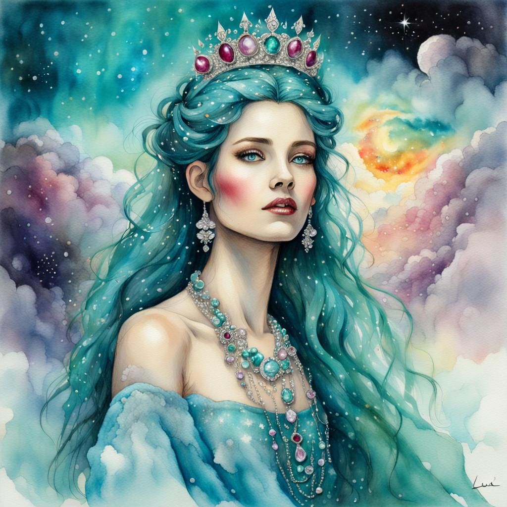 Teal-Haired Woman with Crown in Watercolor Style