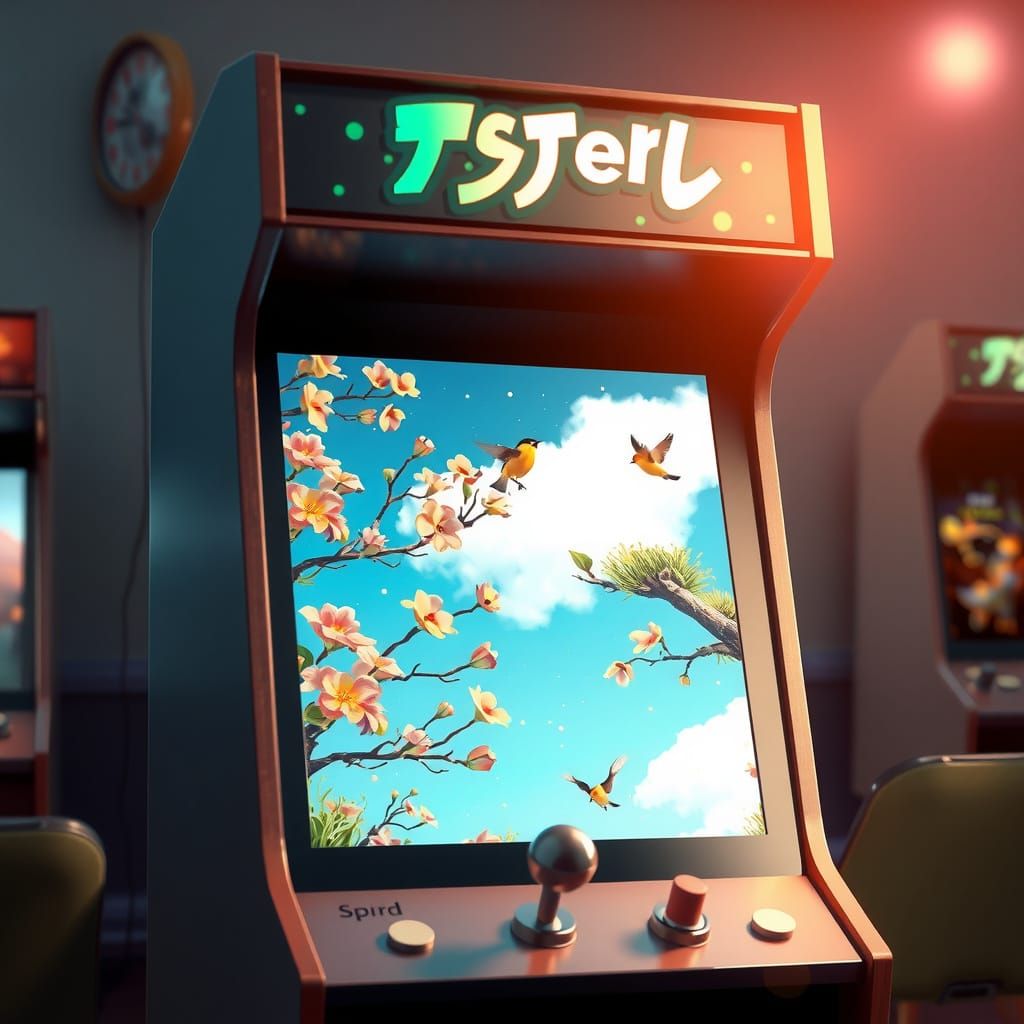 Retro Arcade Cabinet in Vibrant Springtime Scene