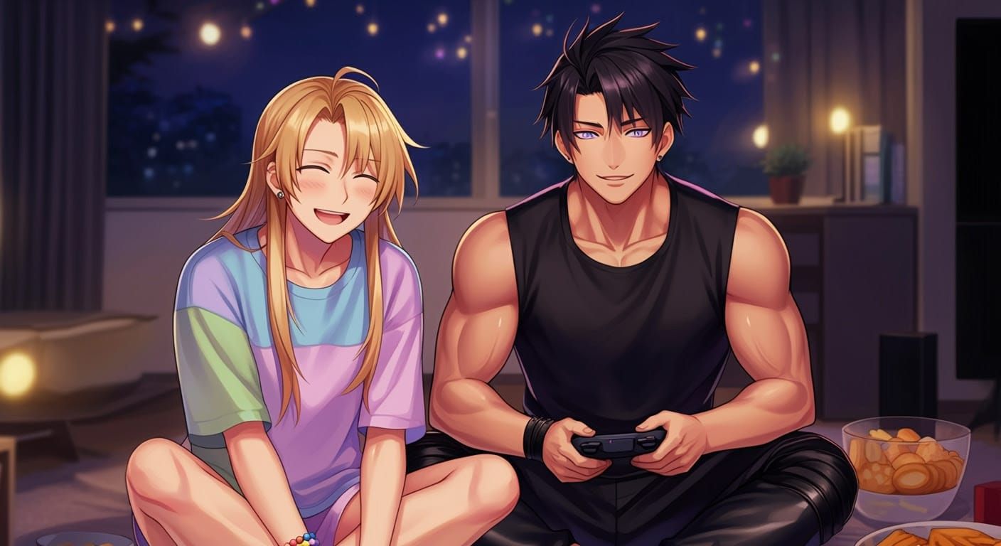 Anime-Style Illustration of Friends Gaming at Night