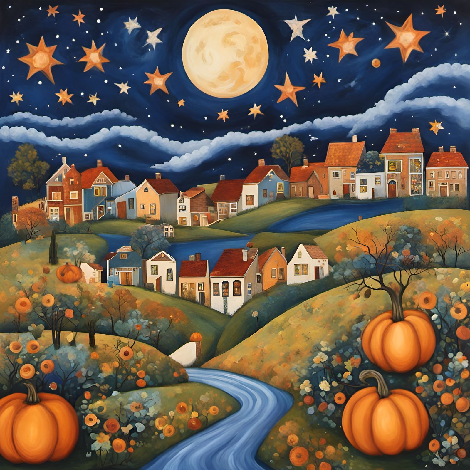 Harvest Moon Folk Art Landscape in Country Style