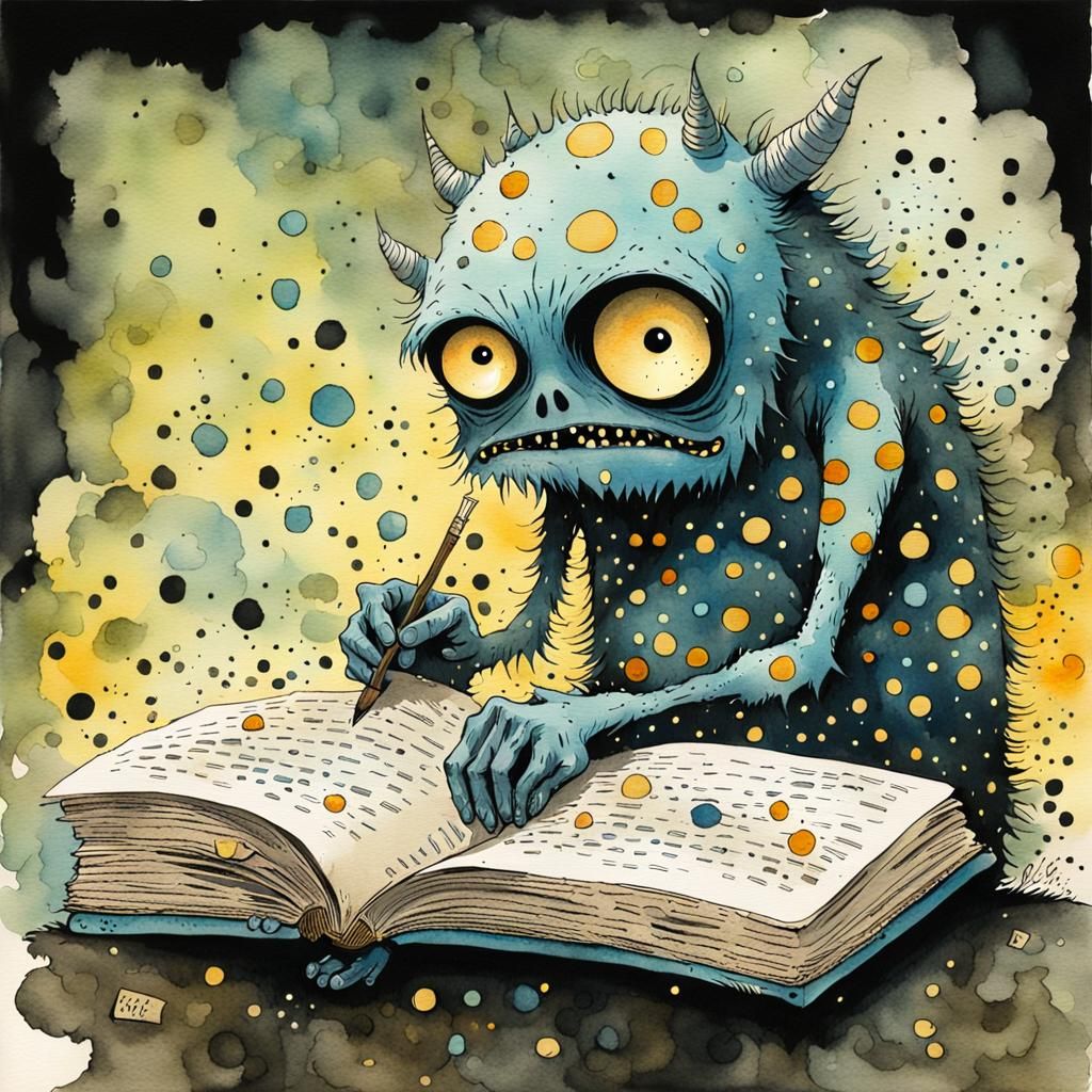 Grumpy Reading Monster in Surreal Watercolor Style