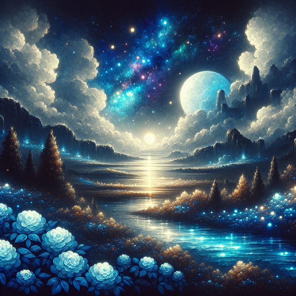 Luminous Lake with Blue Roses and Galaxy Sky