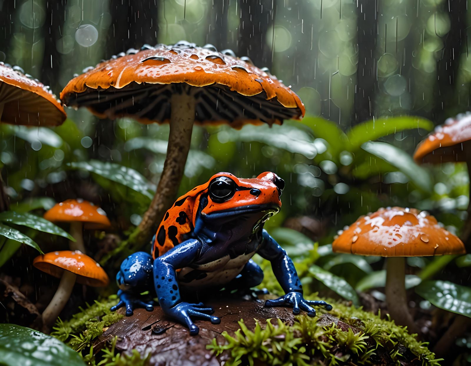 Poison Dart Frog Sheltering from Rain in Rainforest