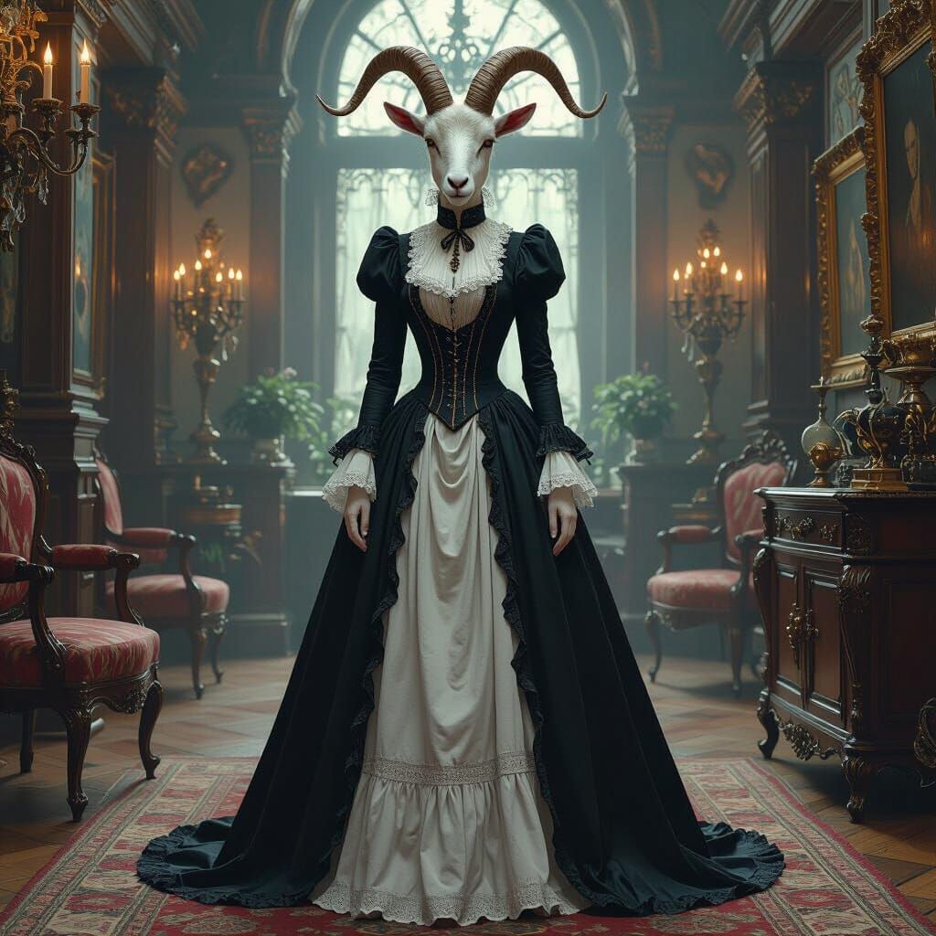 Goat-Headed Woman in Victorian Mansion, Digital Art