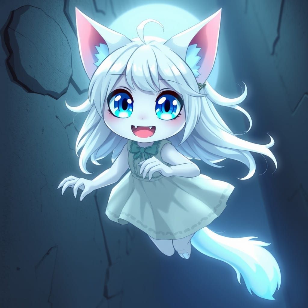 Ghostly Anime Catgirl Travels Through Walls in Antique Attir...