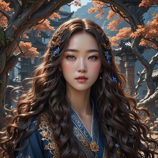 Korean girl with long curly brown hair ,drak blue eyes and c...