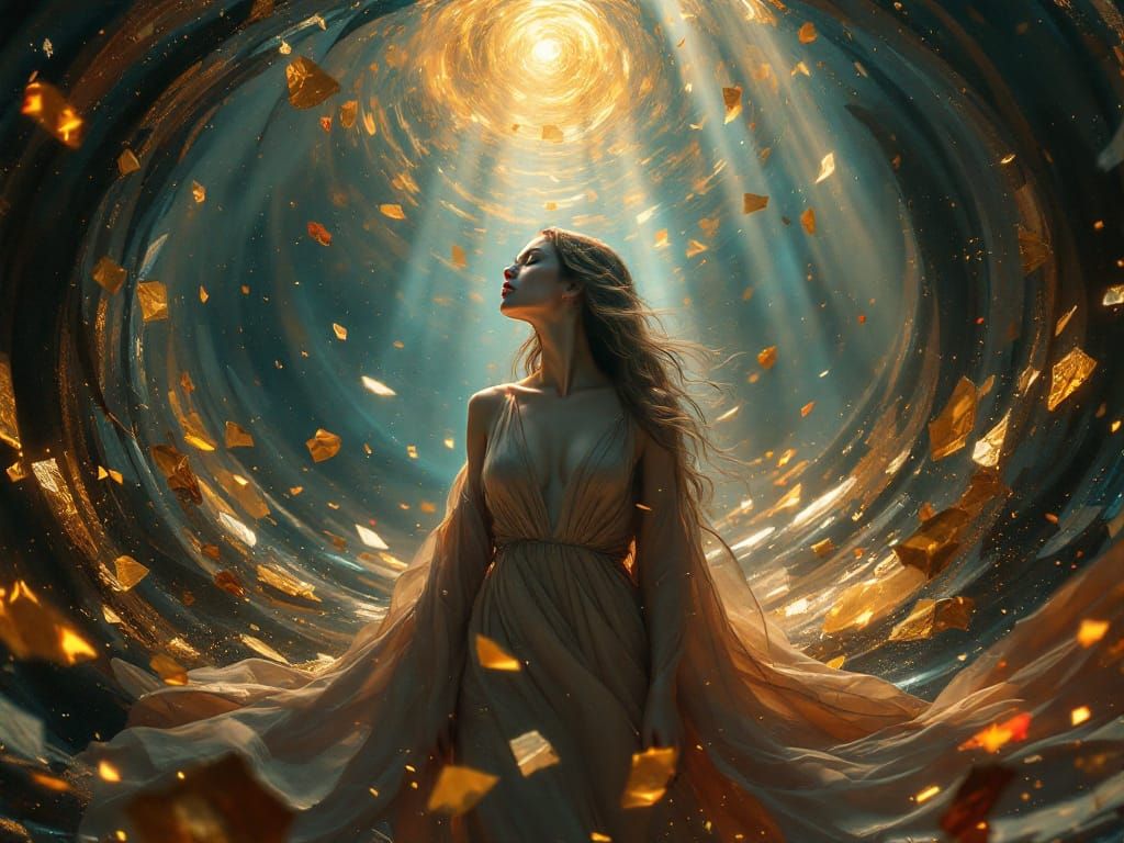 Serene Woman in Chaotic Vortex, Photorealistic Masterpiece