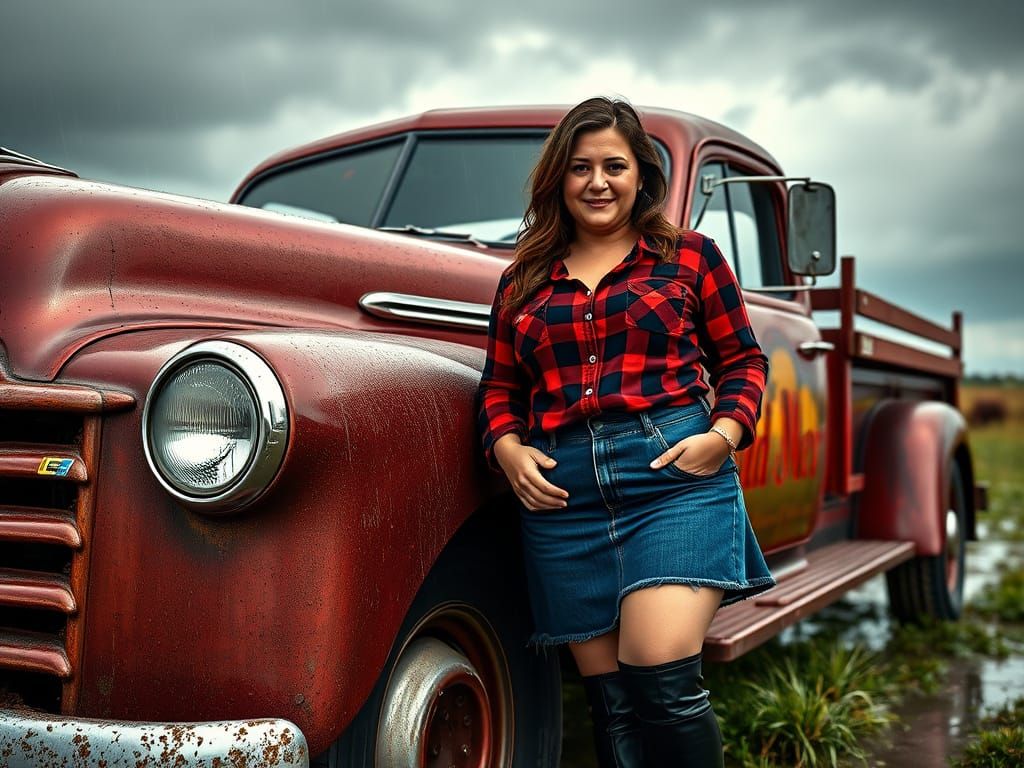 Elegant Woman with Vintage Truck in Art Deco Style