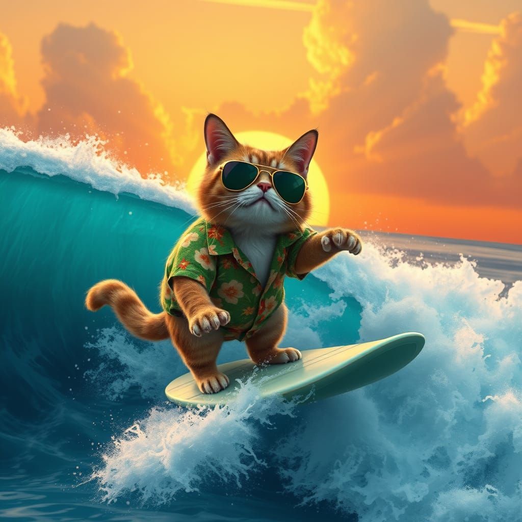 Surfing Feline in Tropical Sunset