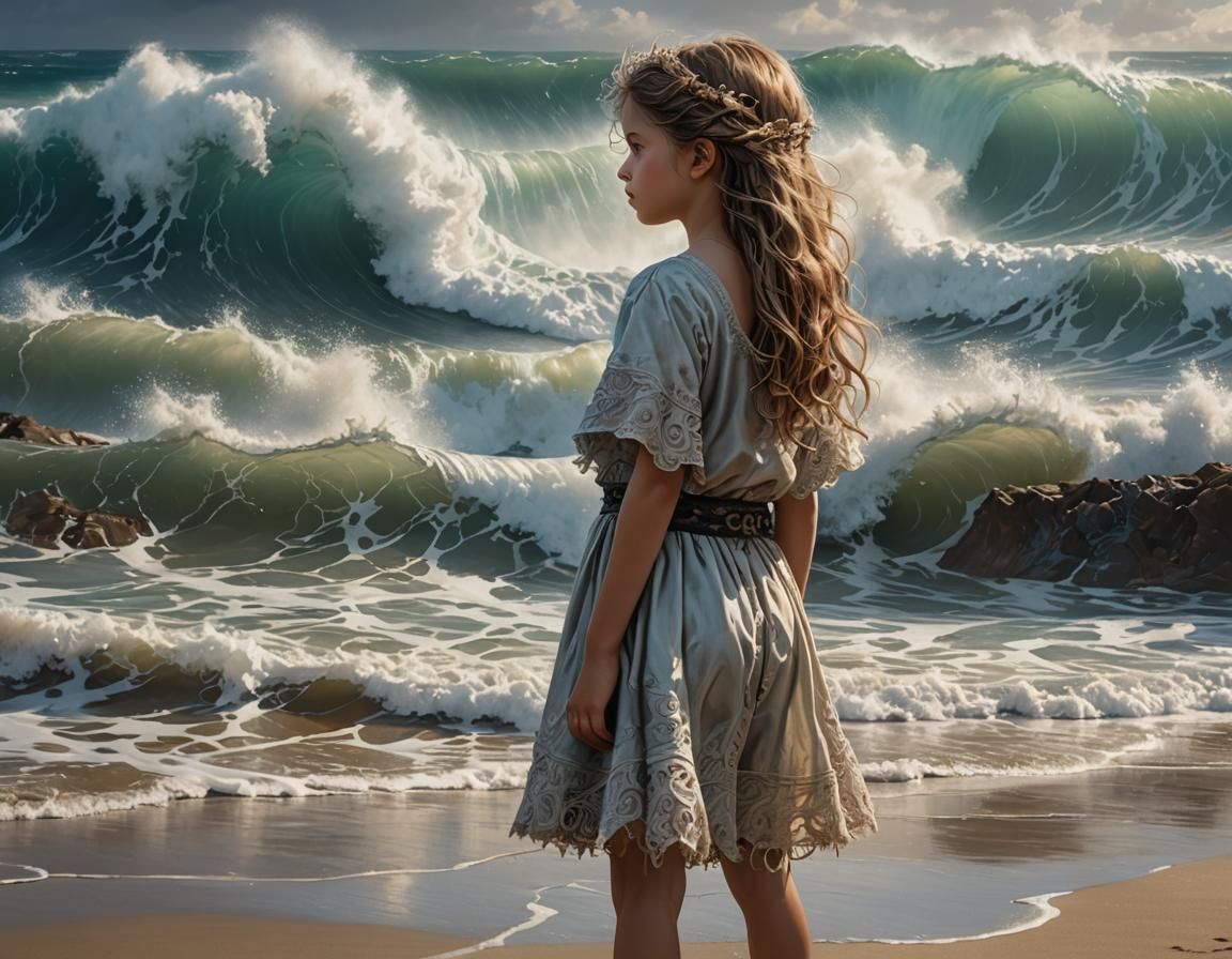 a child standing on the beach looking at the ocean waves
