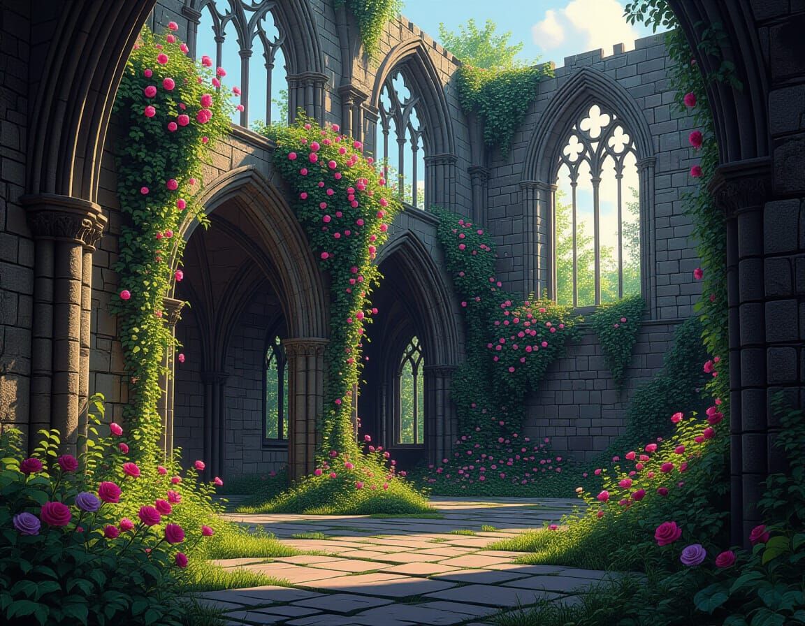 Lush Floral Oasis in Ruined Gothic Courtyard