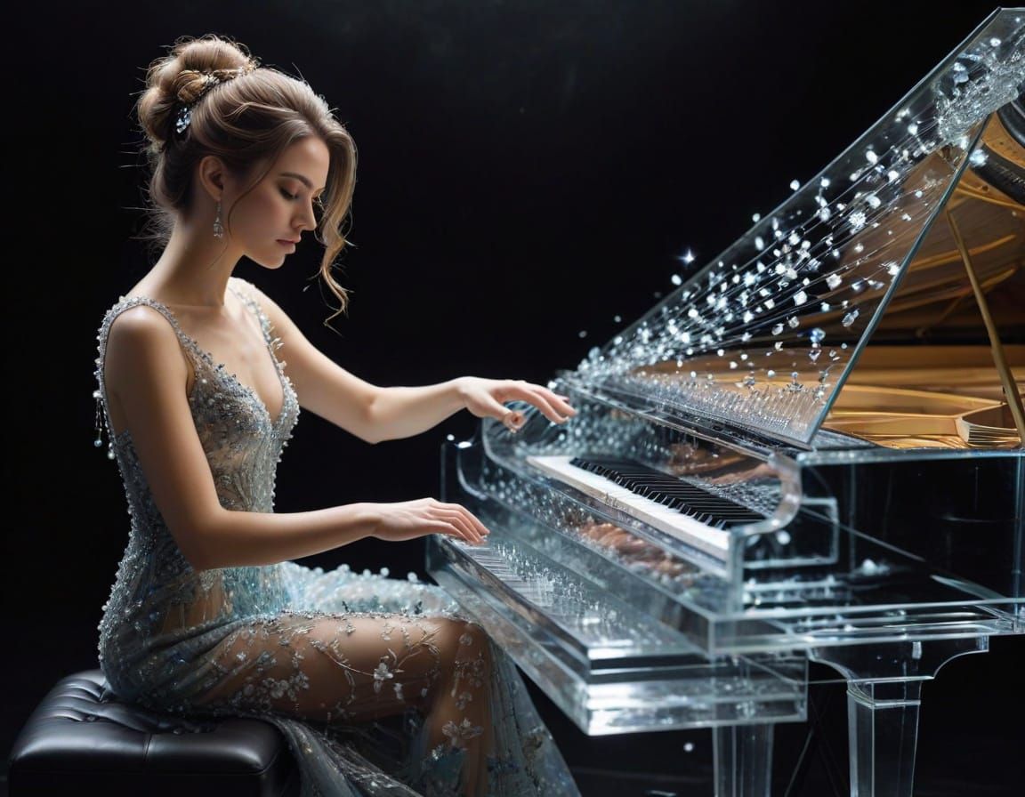 Woman Plays Crystal Piano with Swirling Music