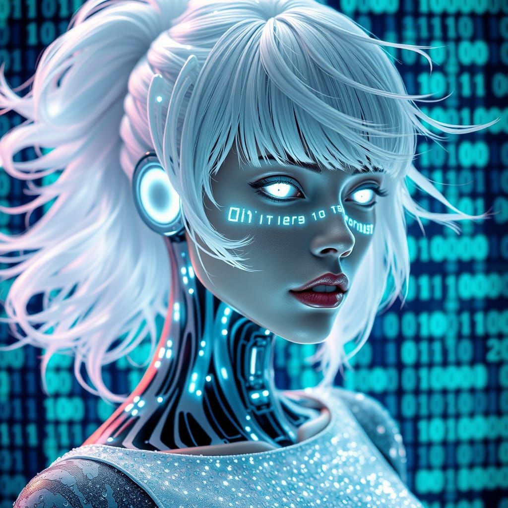 Cybernetic Woman with Binary Code Skin in Dark Futurism